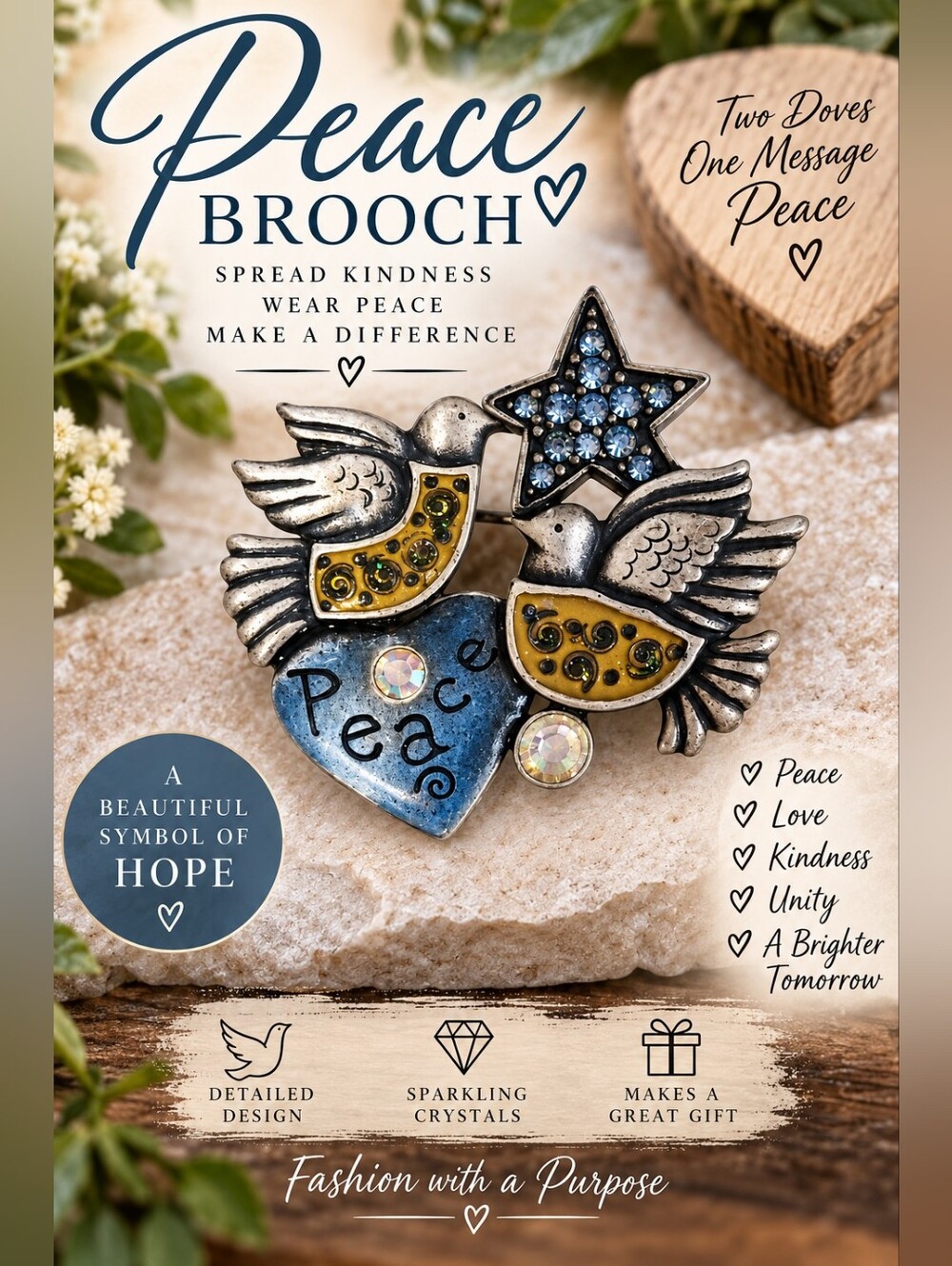 600 Peace Dove Heart Brooch — Blue and Yellow Accent